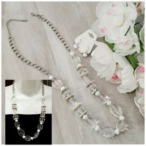 NEW Large Beads Crystal Statement Necklace & Earrings Set Silver Tone